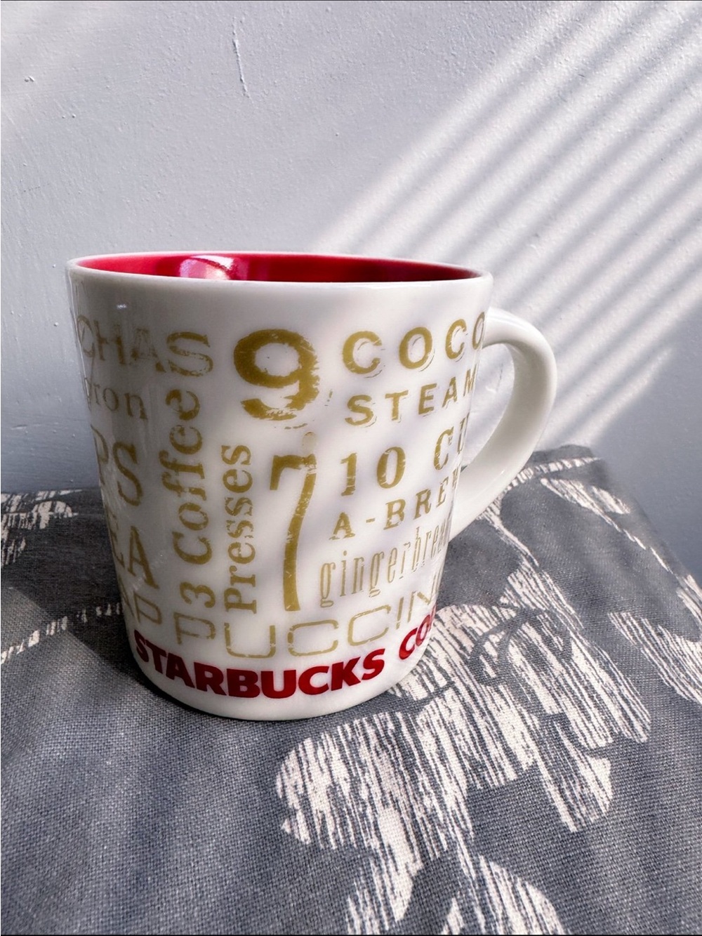 Vintage Starbucks White ceramic mug w/ Red+Gold 12 Days o'Holiday Coffee drinks.